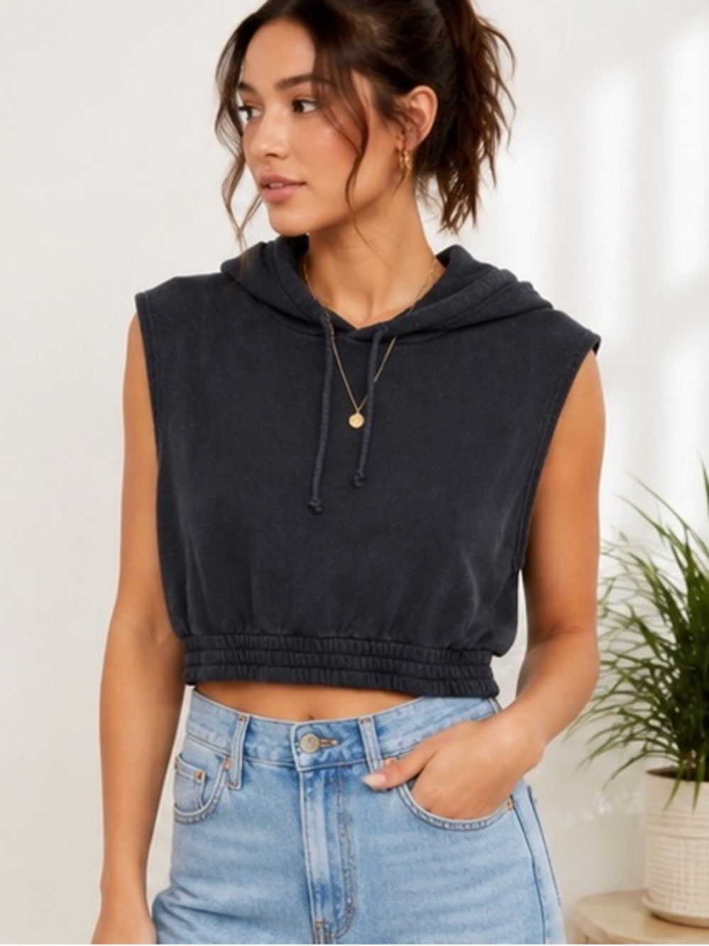 Aerie Black Sleeveless Cropped Hoodie Sweatshirt | Size Small | 100% Cotton
